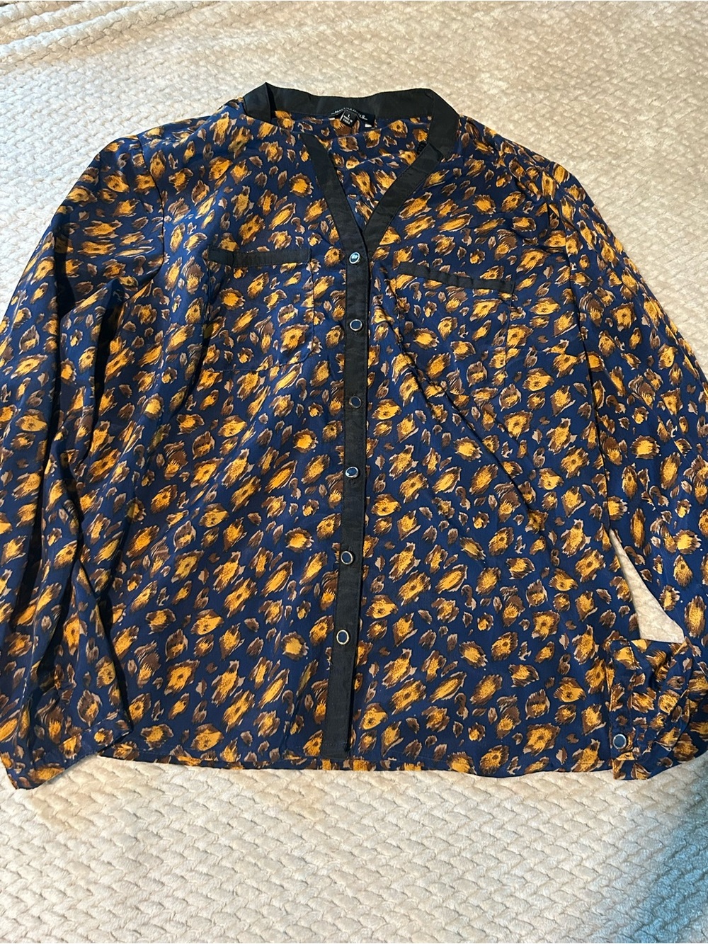 Notations Navy and Mustard Abstract Print Button-Front Blouse